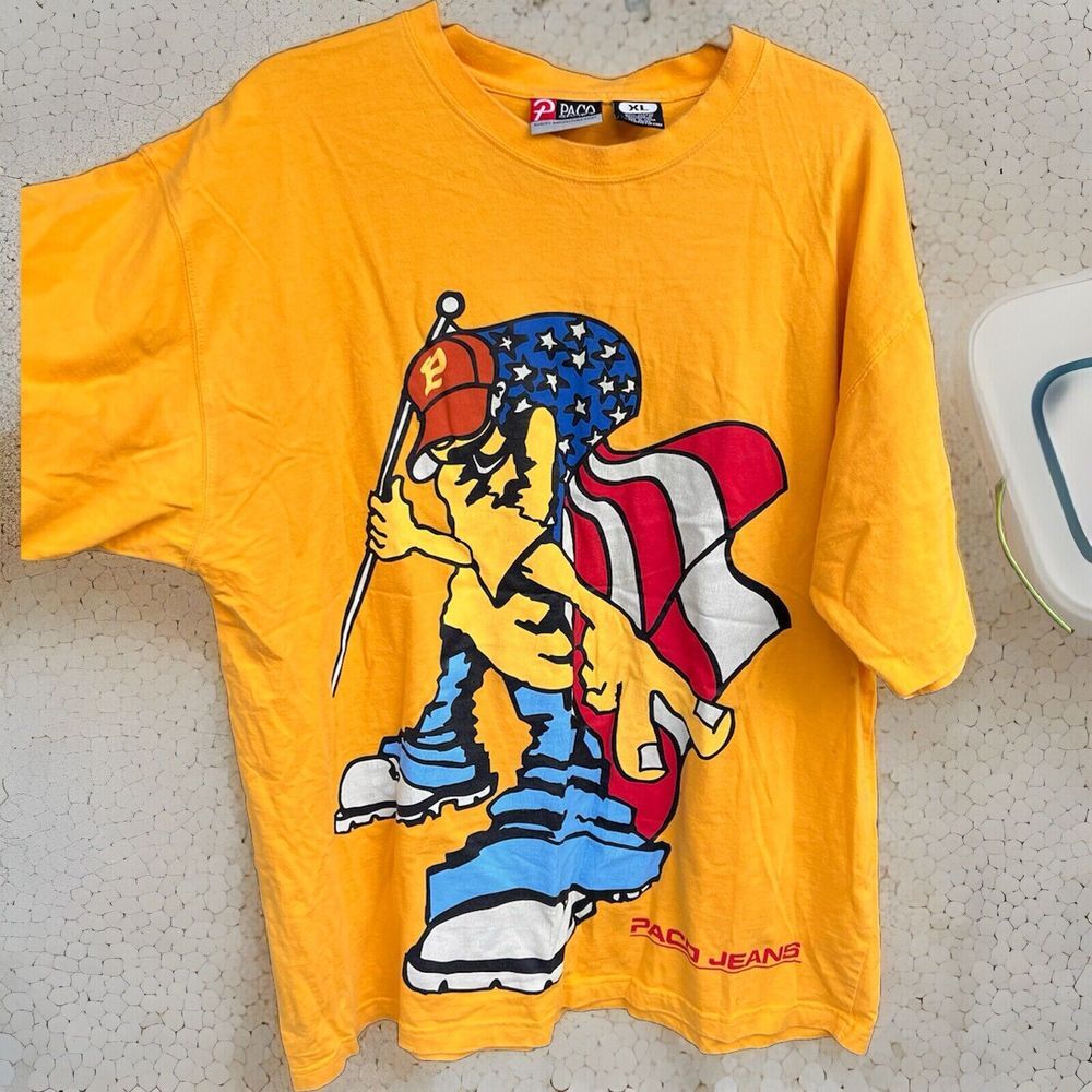 Vintage Paco Jeans Shirt Adult XL Yellow 90s Y2K All‎ Over Print AOP Mens